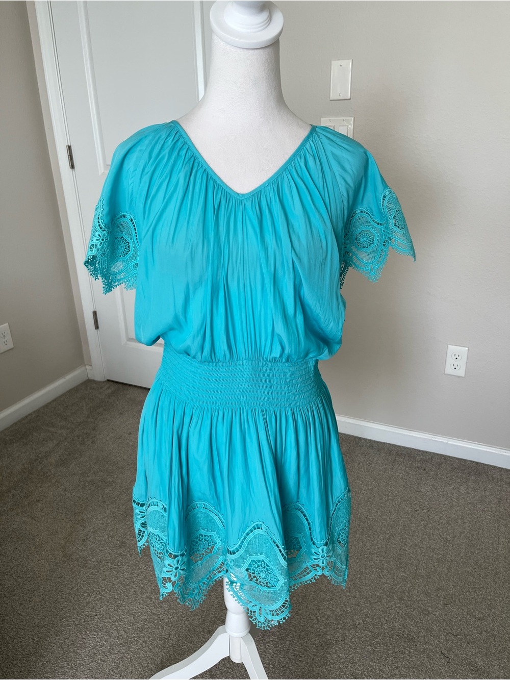 NWT Ramy Brook Arielle Lace-Trim Mini Dress Size Small in Aqua Retails $475